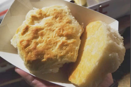 The famous Sights & Sounds dutch-oven cooked biscuits are served at the food court.