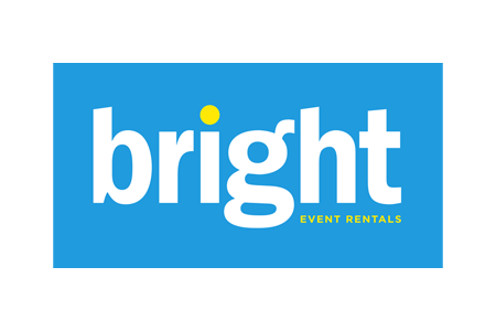 Logo for "bright Event Rentals" featuring the word "bright" in bold white letters on a blue background, accompanied by a yellow dot. The phrase "Event Rentals" appears in smaller yellow text beneath.