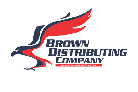 Logo of Brown Distributing Company featuring a stylized red and blue eagle above the text "BROWN DISTRIBUTING COMPANY" with the tagline "MAKING FRIENDS SINCE 1962."