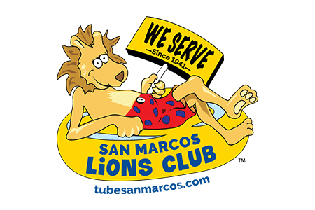 A cartoon lion lounging in an inflatable tube, holding a sign that says "WE SERVE" with "San Marcos Lions Club" and "tubesanmarcos.com" written below.
