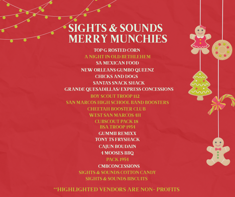Red background with decorative Christmas elements, featuring a list of food vendors and organizations participating in an event titled "Sights & Sounds Merry munchies." The list includes vendors like Top G ROSTED Corn, SA Mexican Food, and others, with highlighted non-profit organizations noted at the bottom.