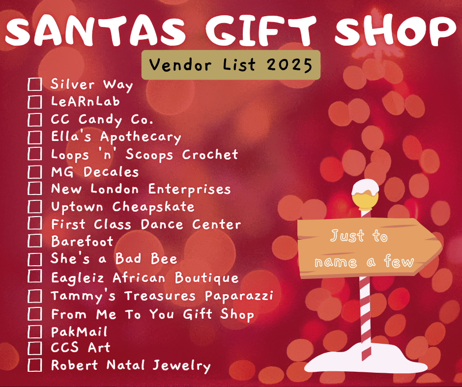 A colorful vendor list for "Santa's Gift Shop 2025," featuring various businesses like Silver Way, CC Candy Co., and Ella's Apothecary, set against a festive, red bokeh background with a whimsical signpost that says "Just to name a few."