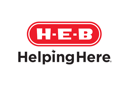 Logo of H-E-B featuring red oval with white "H-E-B" text and "Helping Here" in black below, with a small star accent.