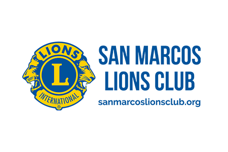 Logo of the San Marcos Lions Club featuring the Lions International emblem with the letter "L" surrounded by two lion heads, alongside the text "San Marcos Lions Club" and the website URL "sanmarcoslionsclub.org" in blue.